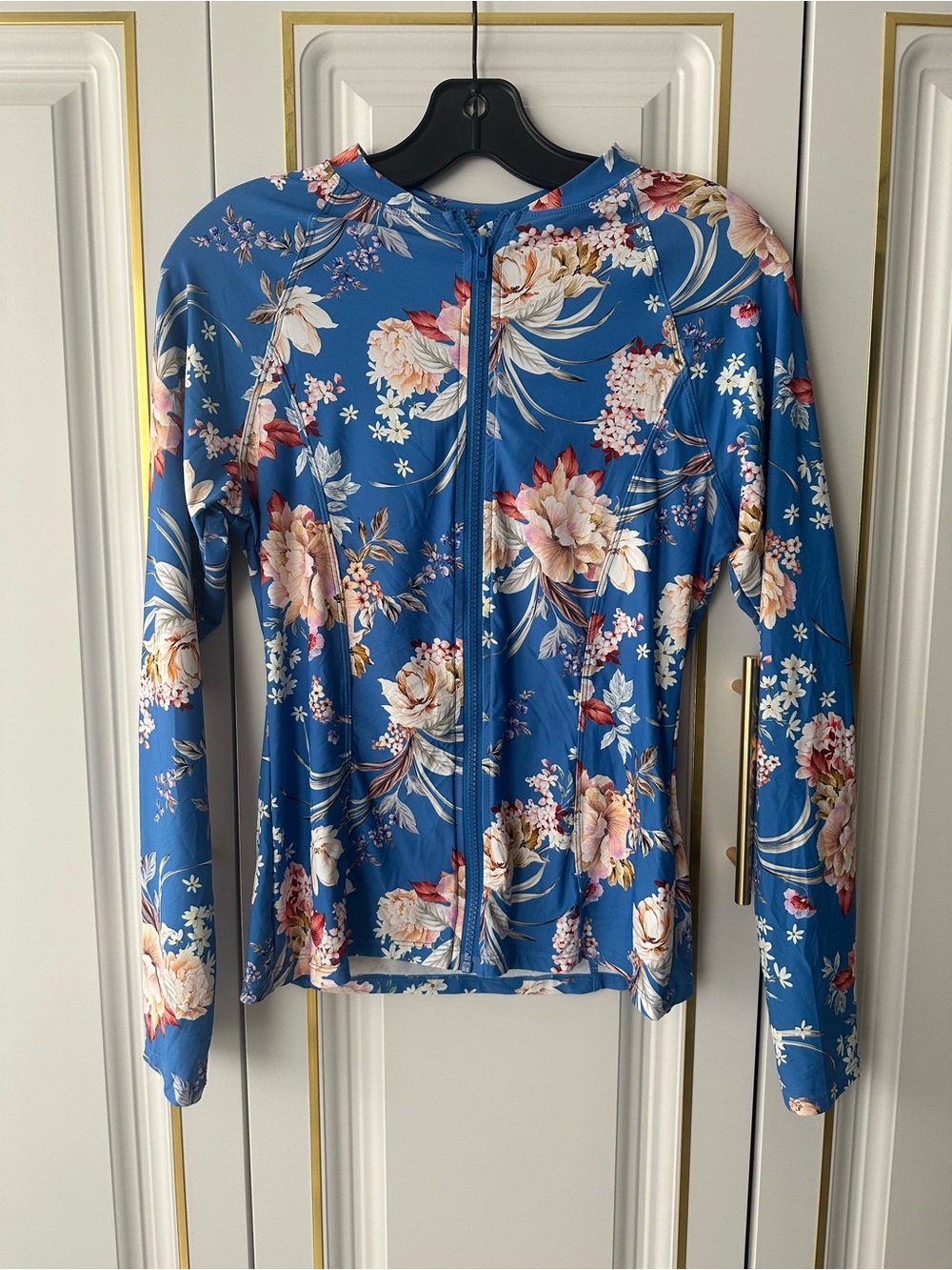 Blue Floral Zip-Front Long Sleeve SPF 50+ Top